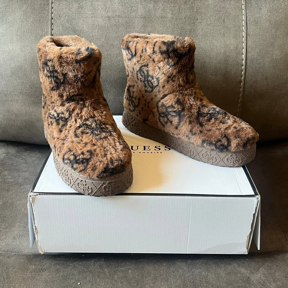 GUESS Women's Tan Faux Fur Ankle Booties - Picture 1 of 5
